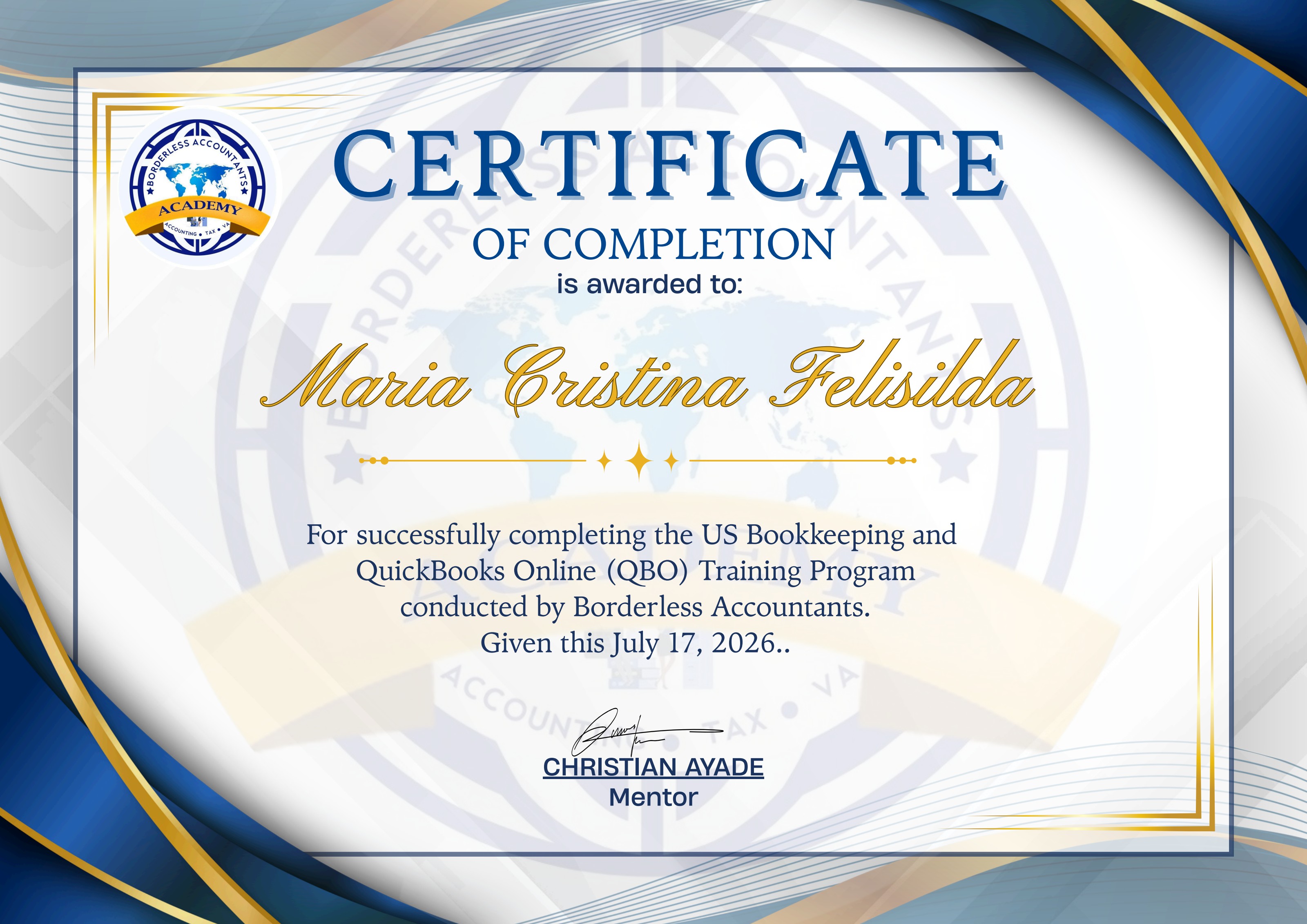 Preview of US Bookkeeping & QuickBooks Online (QBO) Training certificate issued by Borderless Accountants Academy